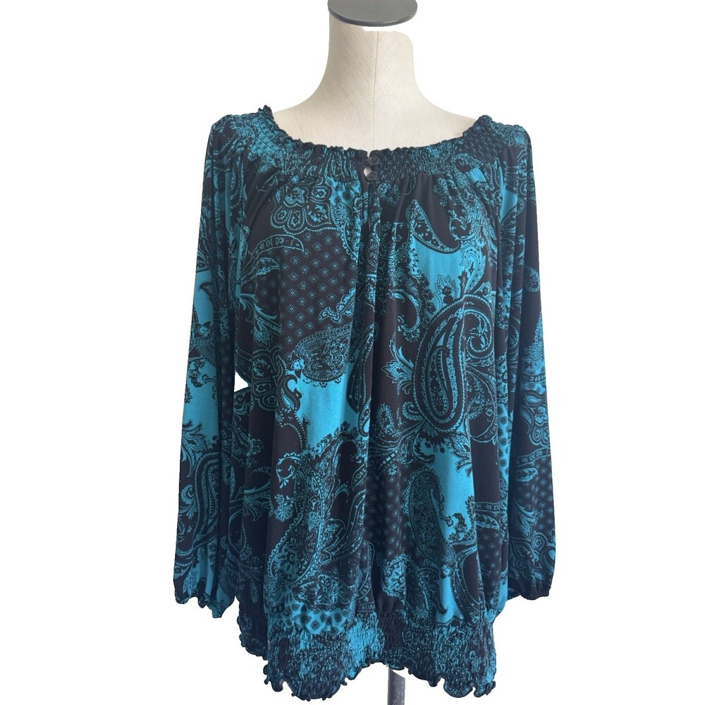 Cato Off Shoulder Blouse Size 26/28W Smocked Turquoise Paisley Top